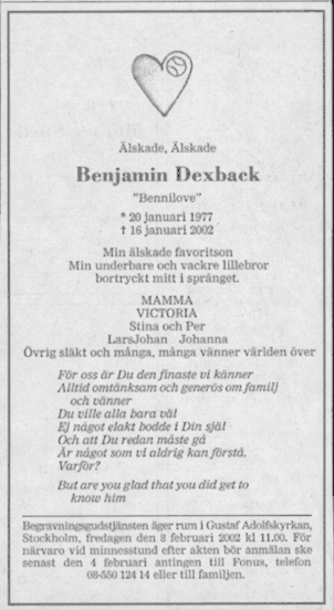 Benjamin Dexback's obituary notice as printed in Dagens Nyheter, January 2002